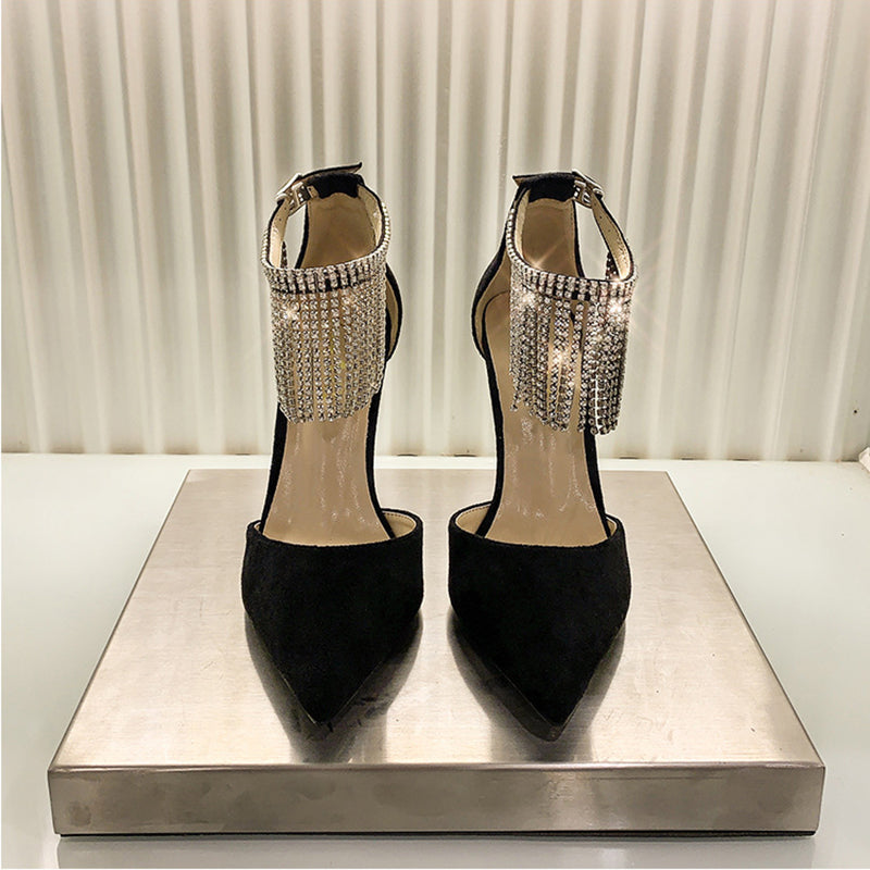 size 11.5 women fringe sandal ankle strap pointed toe heel sandal