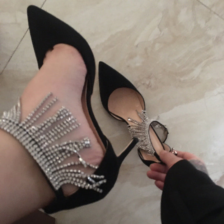 size 11.5 women fringe sandal ankle strap pointed toe heel sandal