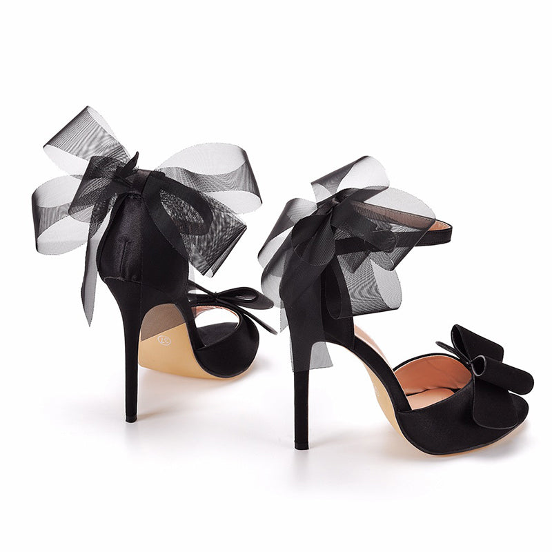 size 12 women heel sandal ankle strap sexy mesh black bow sandals