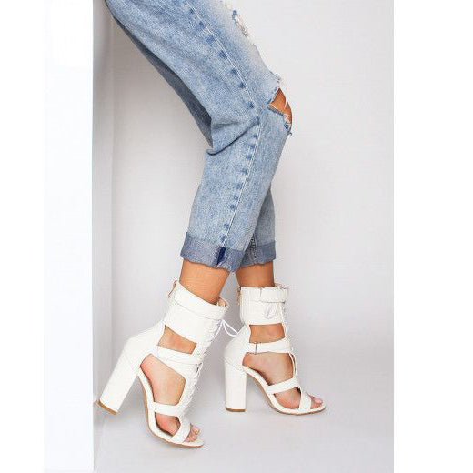 size 11 women heel sandal chunky peep toe hollow lace up sandals
