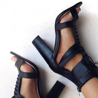 size 11 women heel sandal chunky peep toe hollow lace up sandals