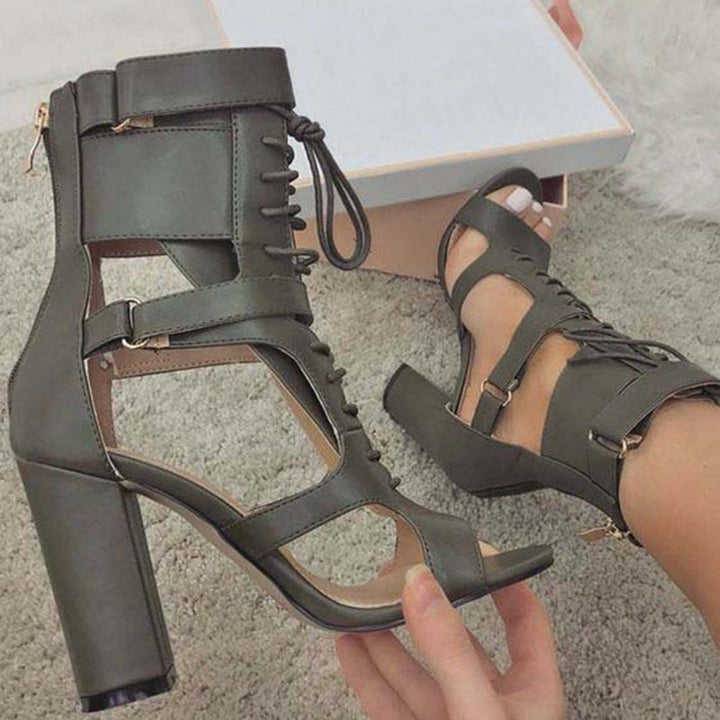 size 11 women heel sandal chunky peep toe hollow lace up sandals