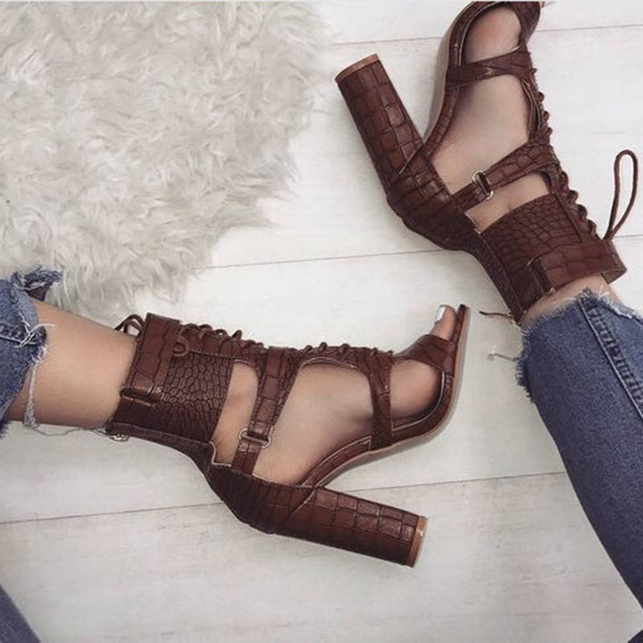 size 11 women heel sandal chunky peep toe hollow lace up sandals