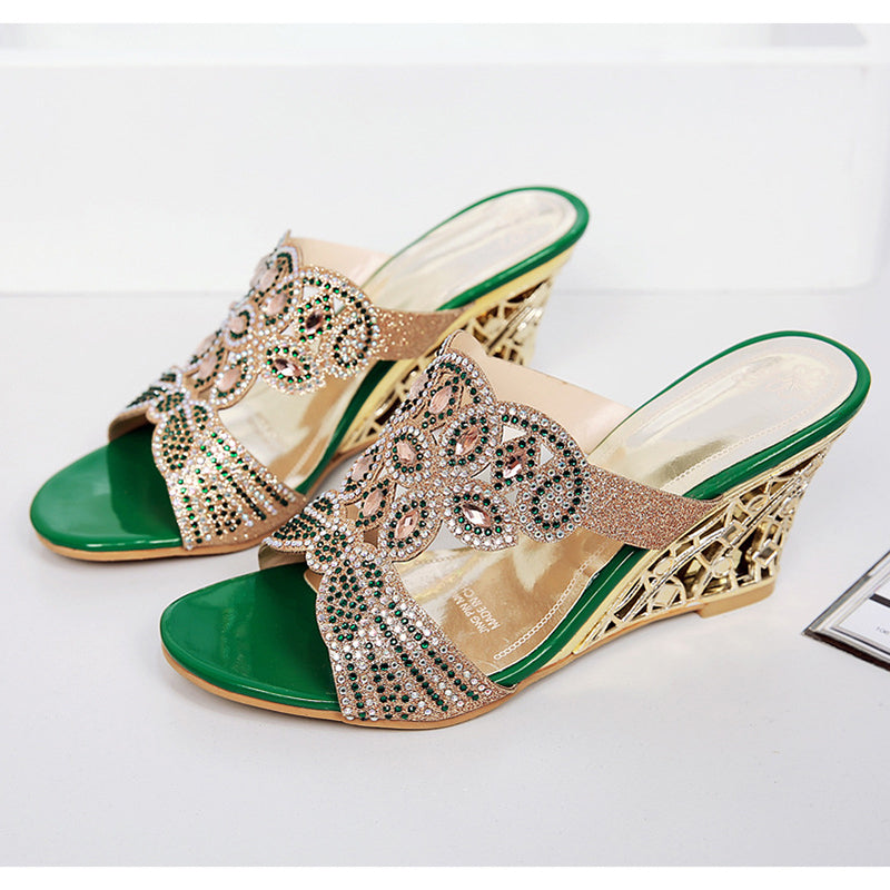 size 11 women wedge sandals rhinestone peep toe slide heel sandal
