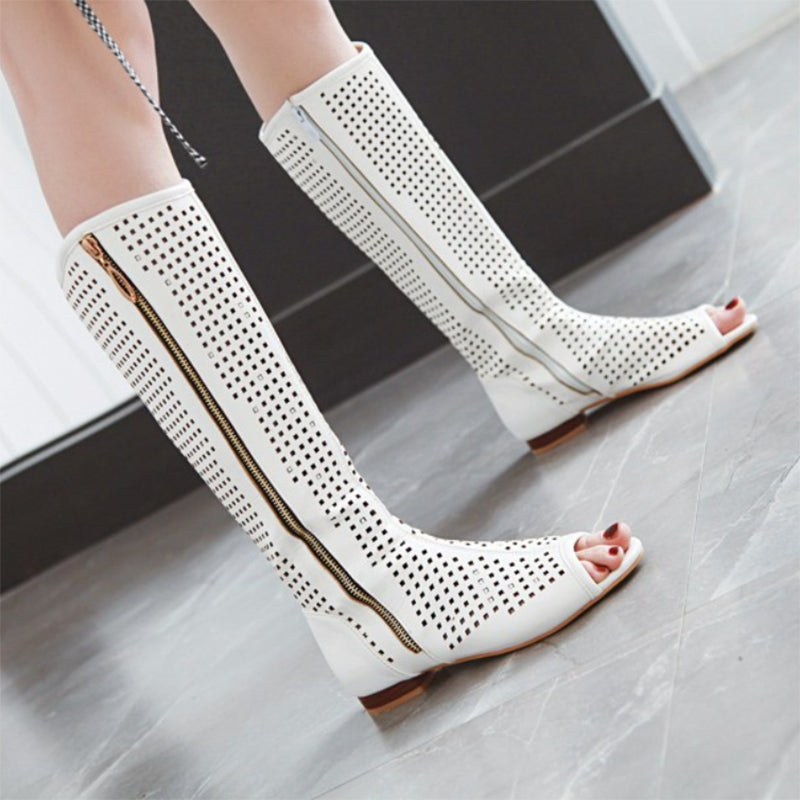 size 13.5 women summer boots hollow peep toe knee high boots