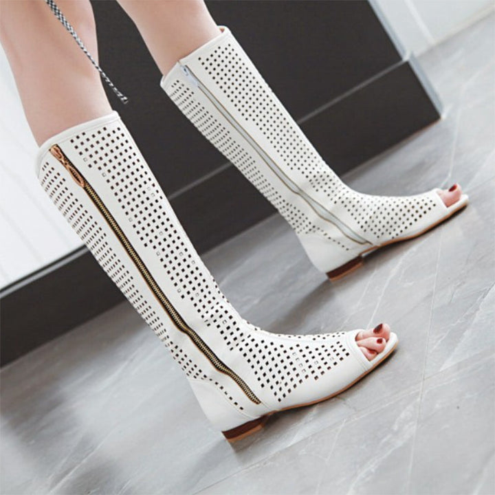 size 13.5 women summer boots hollow peep toe knee high boots