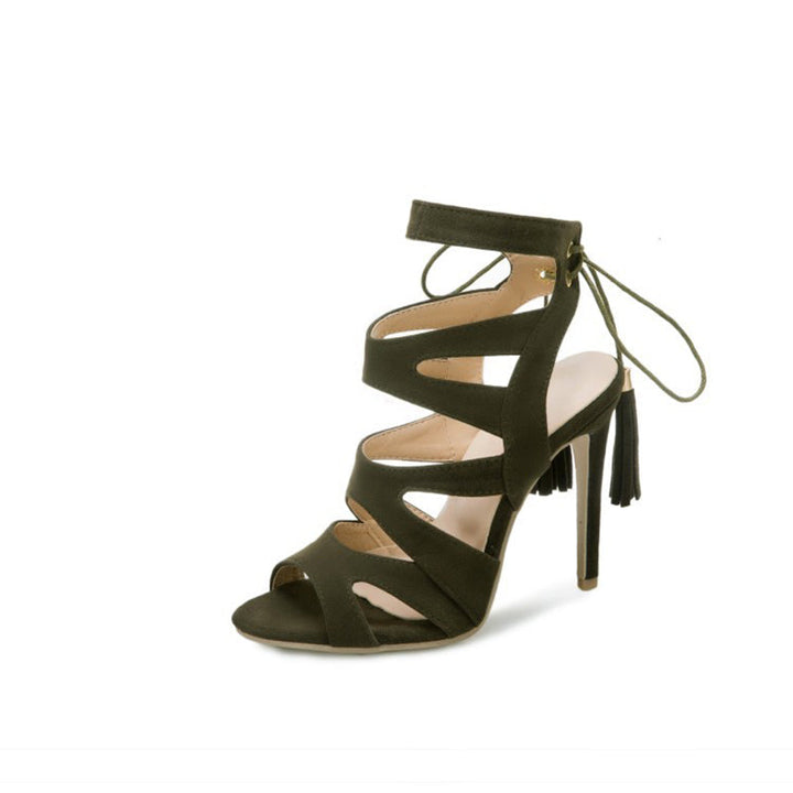 size 14.5 women heel sandal hollow fringe lace up sandals